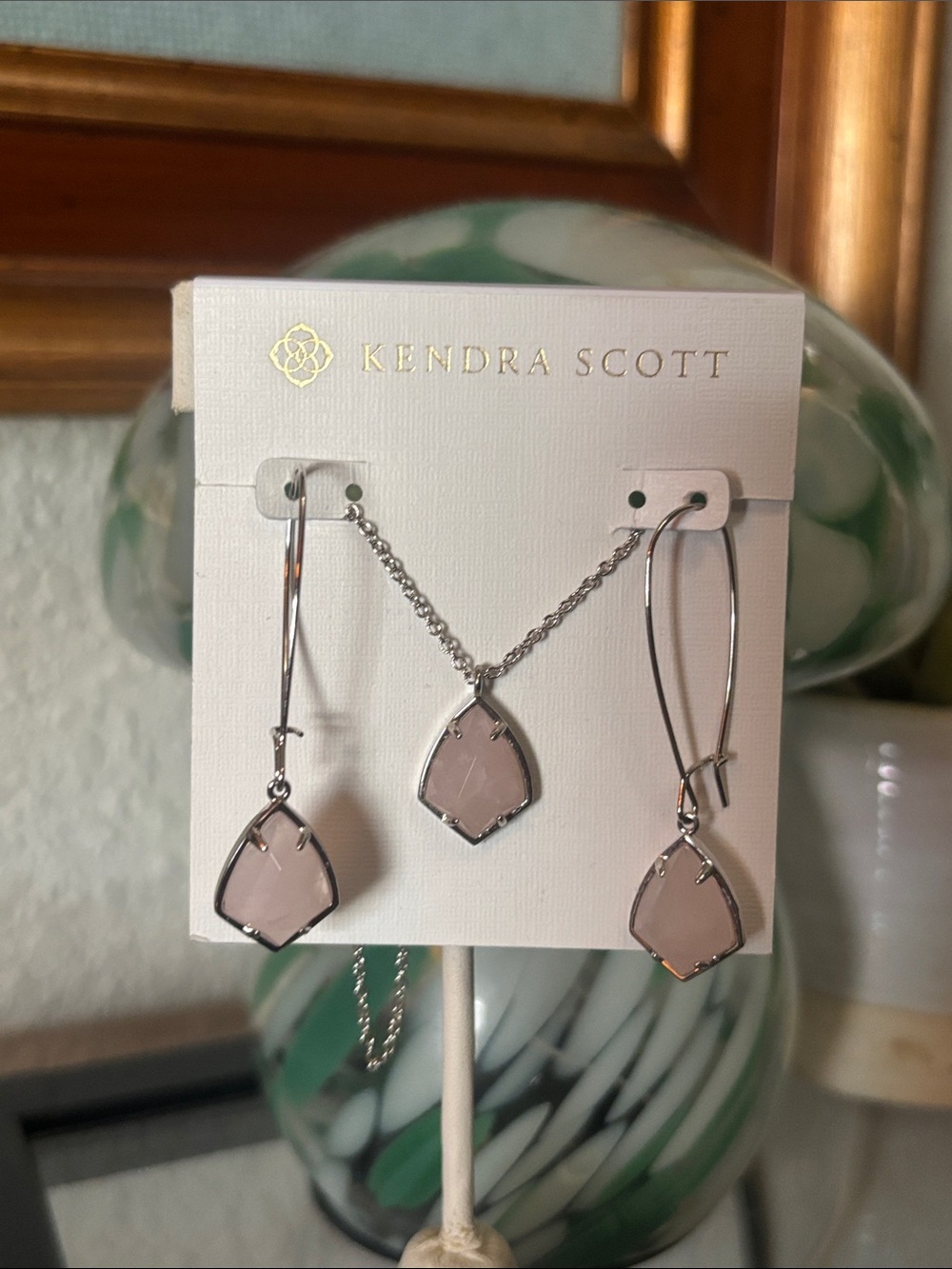 Kendra Scott Rose Quartz Silver Cory Necklace & Carrine Earrings